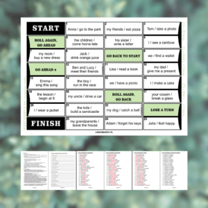 Miniatura gry planszowej, ćwiczeń i klucza odpowiedzi dla Past Simple i czasowników nieregularnych.