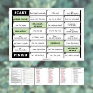 Miniatura gry planszowej, ćwiczeń i klucza odpowiedzi dla Past Simple i be, czasowniki regularne i czasowniki nieregularne.