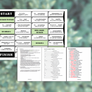 Miniatura gry planszowej, ćwiczeń i klucza odpowiedzi dla Past Simple do mówienia o pojedynczych wydarzeniach z przeszłości.