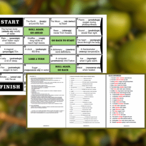 miniatura gry planszowej, ćwiczenia na tłumaczenie fragmentów zdań i klucza odpowiedzi dla Present Simple do mówienia o prawach natury i faktach