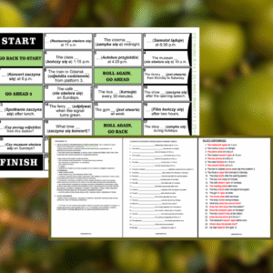 miniatura gry planszowej, ćwiczenia i klucza odpowiedzi dla czasu Present Simple do mówienia o rozkładach jazdy i harmonogramach